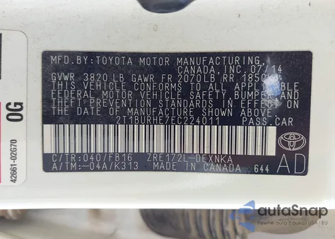 2014 Toyota Corolla Le из США, поврежденный, VIN 2T1BURHE7EC224011